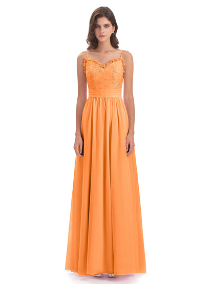 Madison A-line Spaghetti Straps Lace Long Bridesmaid Dresses