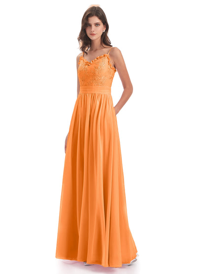 Madison A-line Spaghetti Straps Lace Long Bridesmaid Dresses