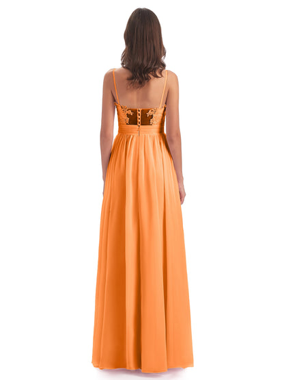 Madison A-line Spaghetti Straps Lace Long Bridesmaid Dresses