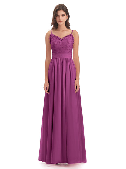 Madison A-line Spaghetti Straps Lace Long Bridesmaid Dresses