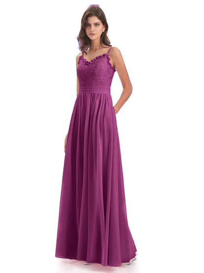 Madison A-line Spaghetti Straps Lace Long Bridesmaid Dresses