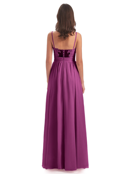 Madison A-line Spaghetti Straps Lace Long Bridesmaid Dresses