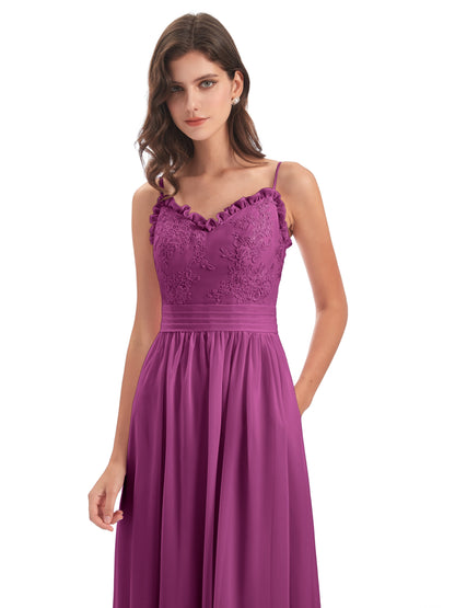 Madison A-line Spaghetti Straps Lace Long Bridesmaid Dresses