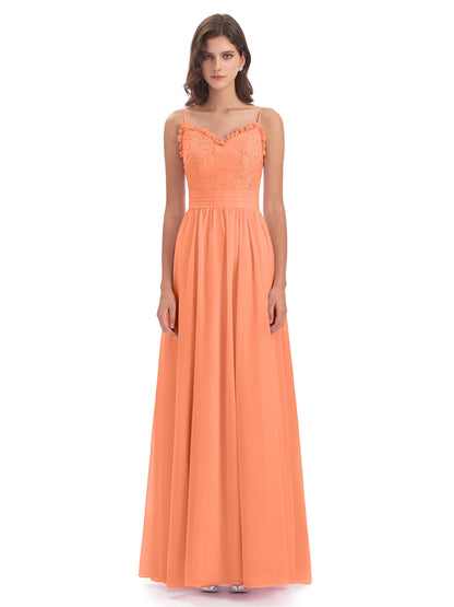 Madison A-line Spaghetti Straps Lace Long Bridesmaid Dresses