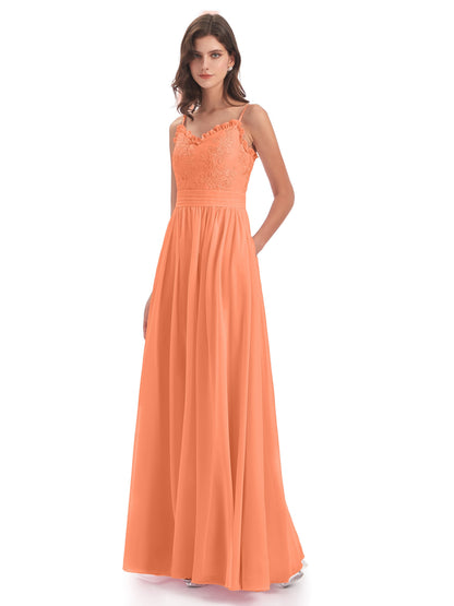 Madison A-line Spaghetti Straps Lace Long Bridesmaid Dresses