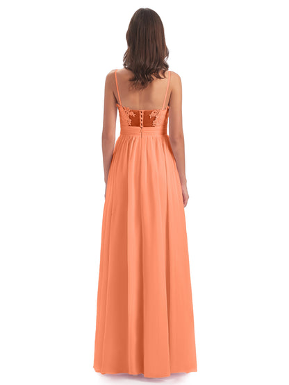 Madison A-line Spaghetti Straps Lace Long Bridesmaid Dresses