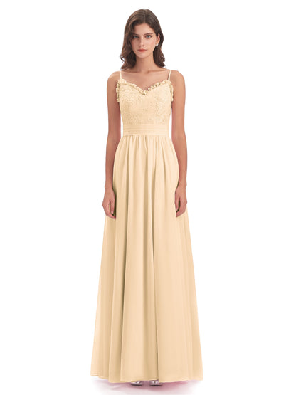 Madison A-line Spaghetti Straps Lace Long Bridesmaid Dresses