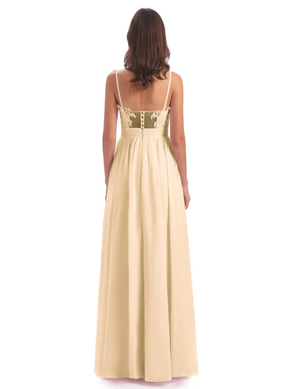 Madison A-line Spaghetti Straps Lace Long Bridesmaid Dresses