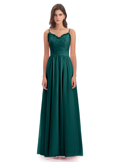 Madison A-line Spaghetti Straps Lace Long Bridesmaid Dresses