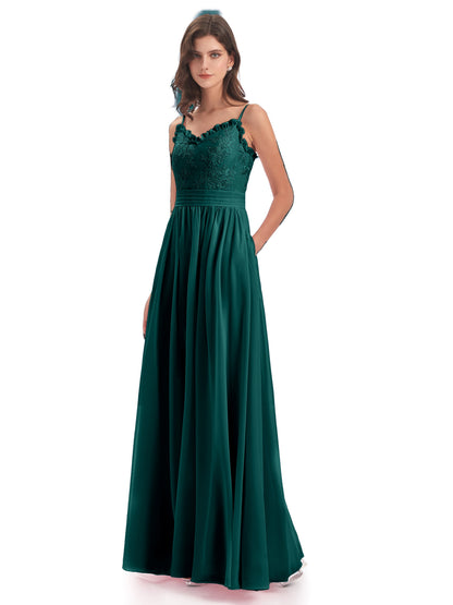 Madison A-line Spaghetti Straps Lace Long Bridesmaid Dresses