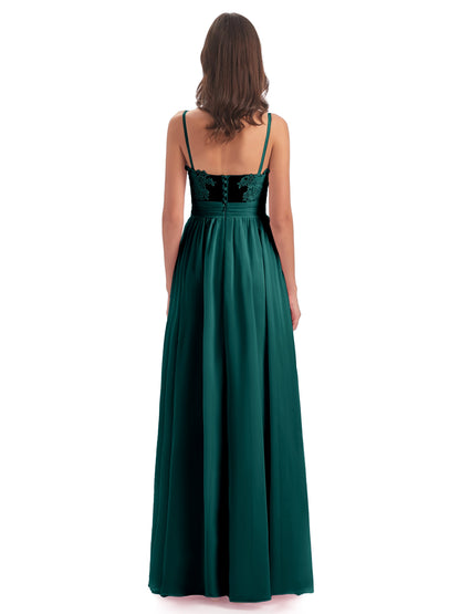 Madison A-line Spaghetti Straps Lace Long Bridesmaid Dresses