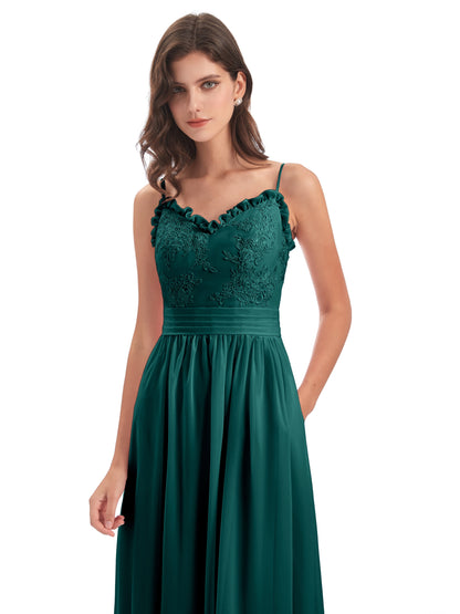 Madison A-line Spaghetti Straps Lace Long Bridesmaid Dresses