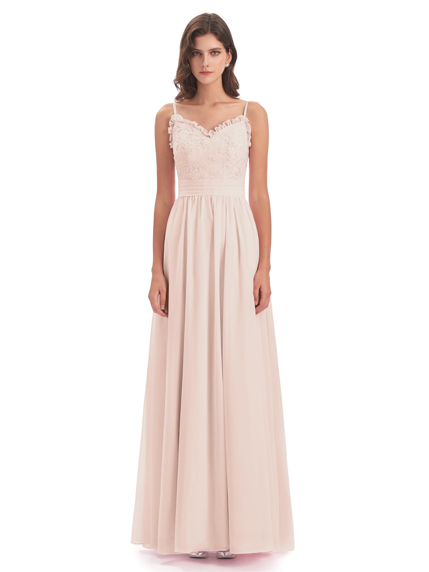 Madison A-line Spaghetti Straps Lace Long Bridesmaid Dresses