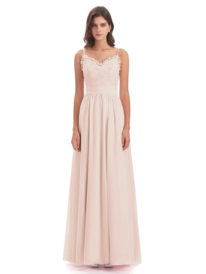 Madison A-line Spaghetti Straps Lace Long Bridesmaid Dresses