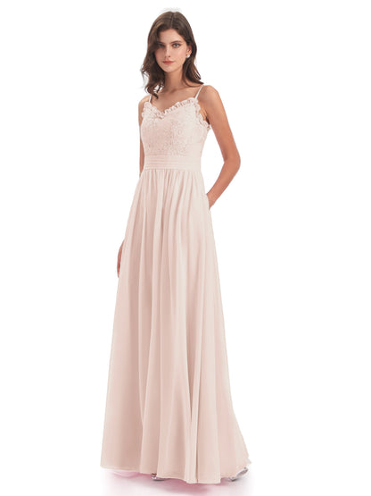 Madison A-line Spaghetti Straps Lace Long Bridesmaid Dresses