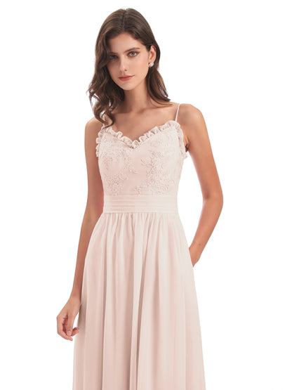 Madison A-line Spaghetti Straps Lace Long Bridesmaid Dresses