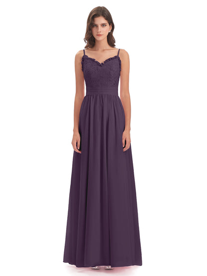 Madison A-line Spaghetti Straps Lace Long Bridesmaid Dresses