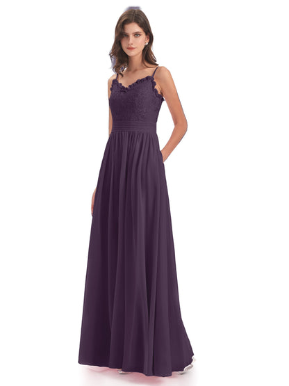 Madison A-line Spaghetti Straps Lace Long Bridesmaid Dresses