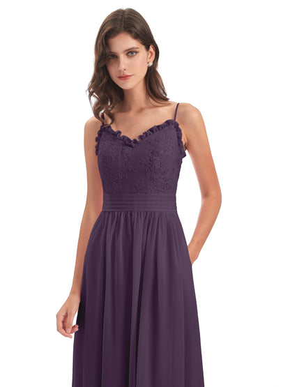 Madison A-line Spaghetti Straps Lace Long Bridesmaid Dresses