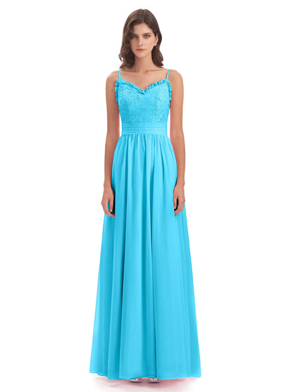 Madison A-line Spaghetti Straps Lace Long Bridesmaid Dresses