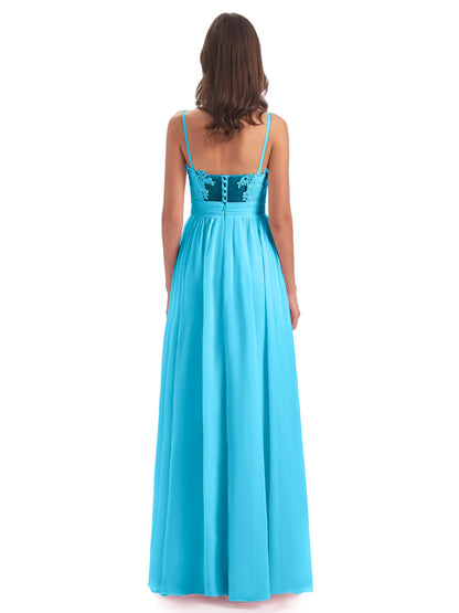 Madison A-line Spaghetti Straps Lace Long Bridesmaid Dresses