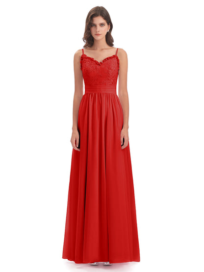 Madison A-line Spaghetti Straps Lace Long Bridesmaid Dresses