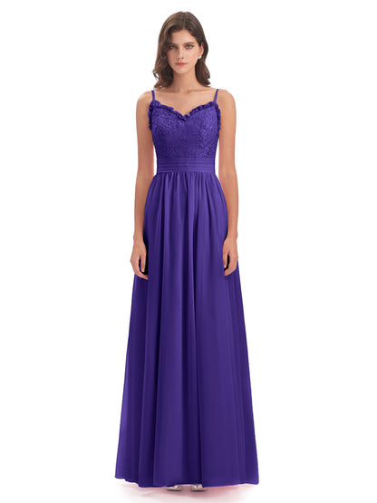 Madison A-line Spaghetti Straps Lace Long Bridesmaid Dresses