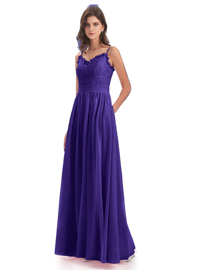 Madison A-line Spaghetti Straps Lace Long Bridesmaid Dresses