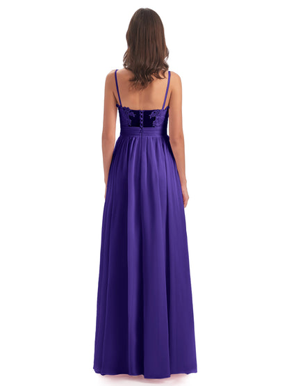 Madison A-line Spaghetti Straps Lace Long Bridesmaid Dresses