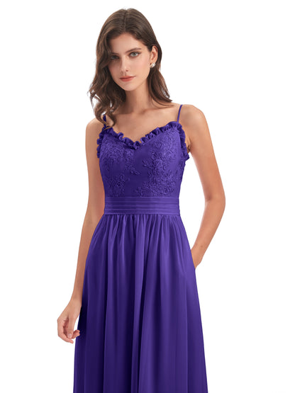 Madison A-line Spaghetti Straps Lace Long Bridesmaid Dresses