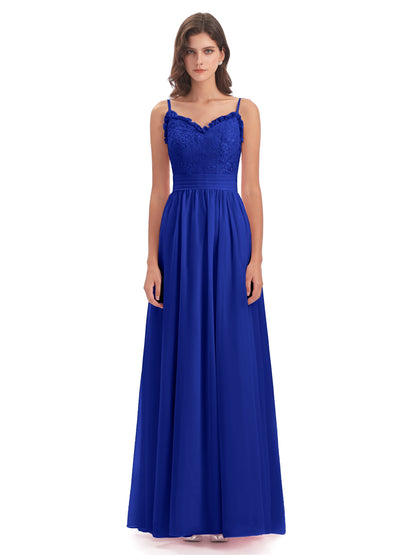 Madison A-line Spaghetti Straps Lace Long Bridesmaid Dresses