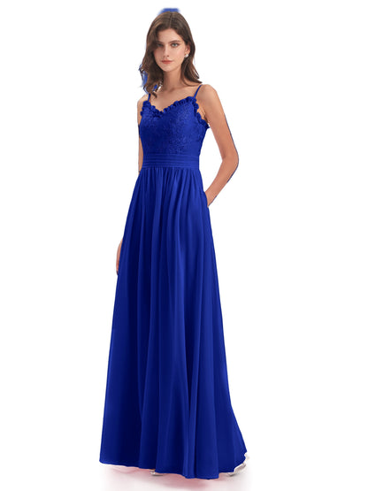 Madison A-line Spaghetti Straps Lace Long Bridesmaid Dresses