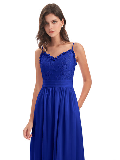 Madison A-line Spaghetti Straps Lace Long Bridesmaid Dresses