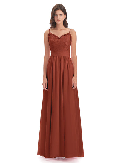 Madison A-line Spaghetti Straps Lace Long Bridesmaid Dresses