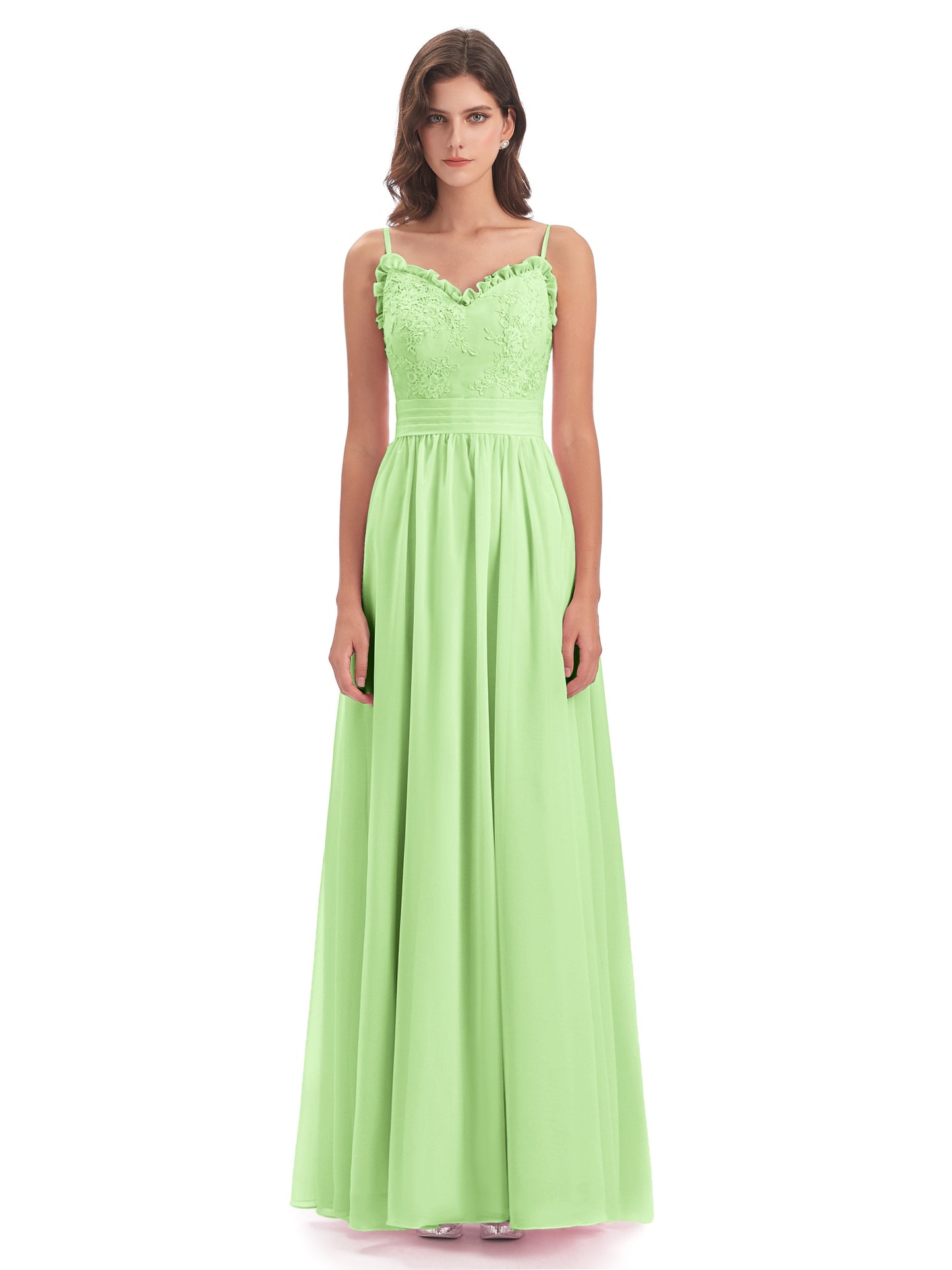Madison A-line Spaghetti Straps Lace Long Bridesmaid Dresses