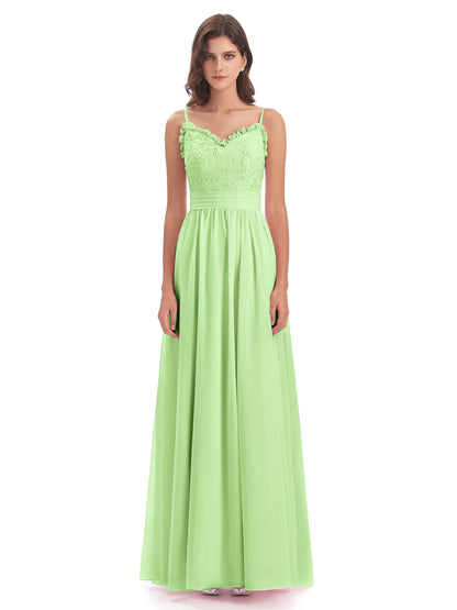 Madison A-line Spaghetti Straps Lace Long Bridesmaid Dresses