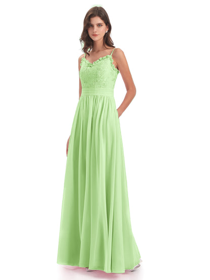 Madison A-line Spaghetti Straps Lace Long Bridesmaid Dresses