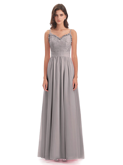 Madison A-line Spaghetti Straps Lace Long Bridesmaid Dresses