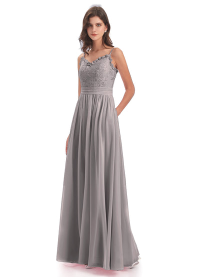 Madison A-line Spaghetti Straps Lace Long Bridesmaid Dresses