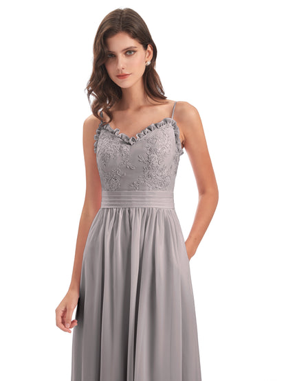 Madison A-line Spaghetti Straps Lace Long Bridesmaid Dresses