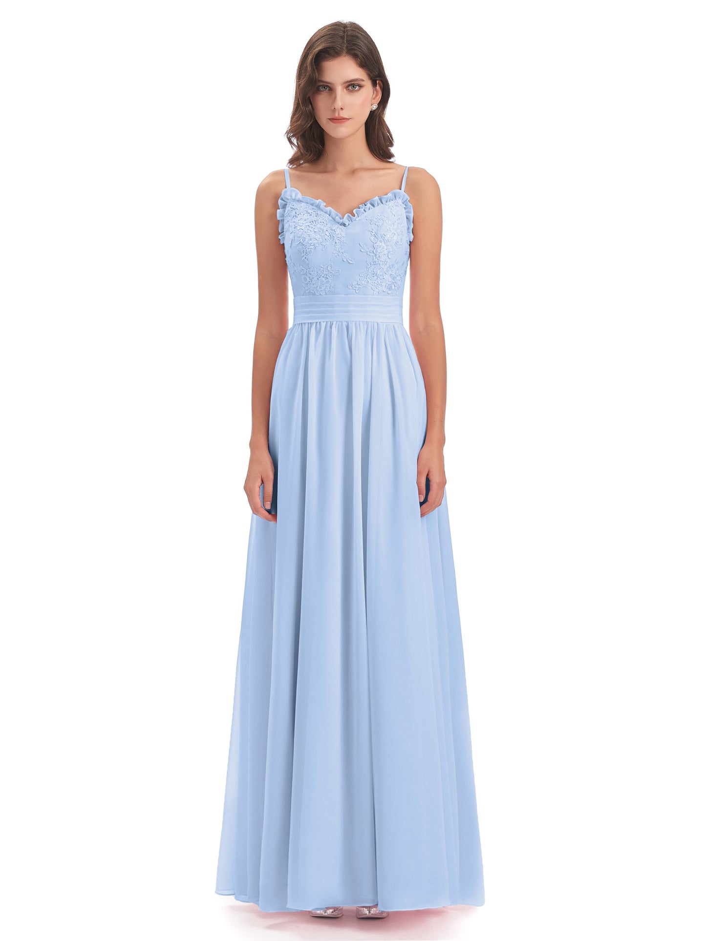 Madison A-line Spaghetti Straps Lace Long Bridesmaid Dresses