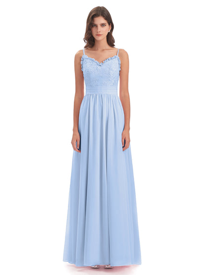 Madison A-line Spaghetti Straps Lace Long Bridesmaid Dresses
