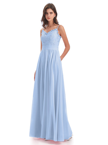 Madison A-line Spaghetti Straps Lace Long Bridesmaid Dresses