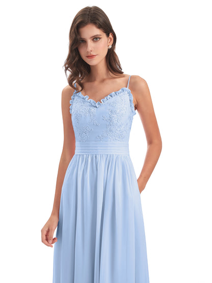 Madison A-line Spaghetti Straps Lace Long Bridesmaid Dresses