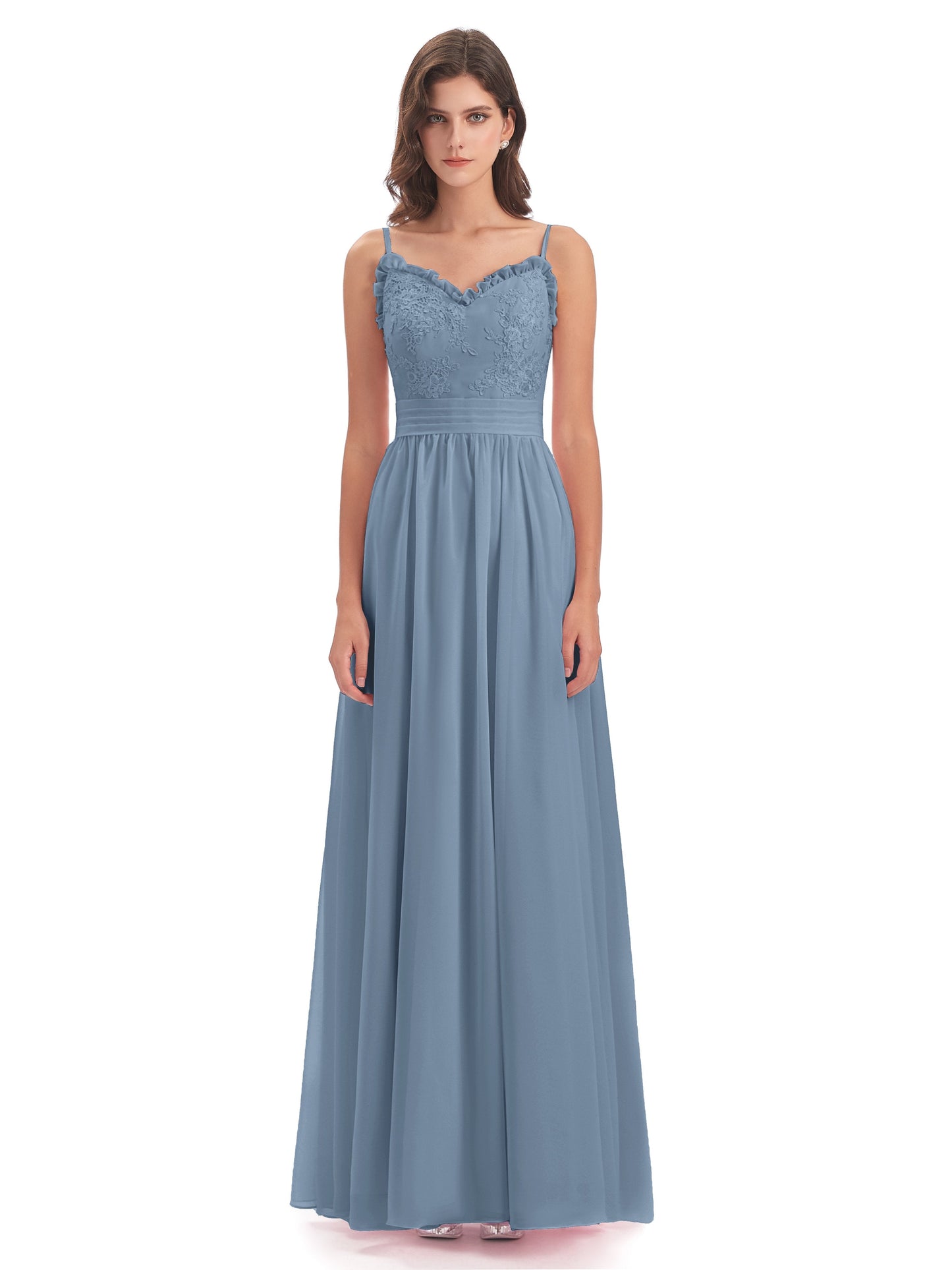 Madison A-line Spaghetti Straps Lace Long Bridesmaid Dresses