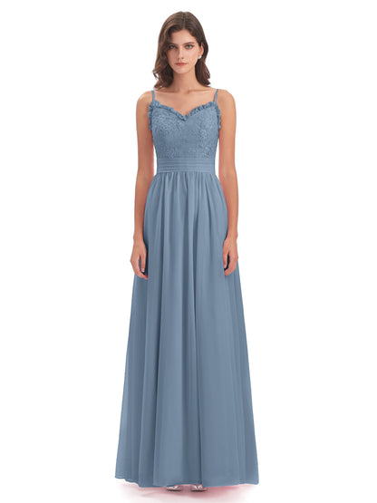 Madison A-line Spaghetti Straps Lace Long Bridesmaid Dresses