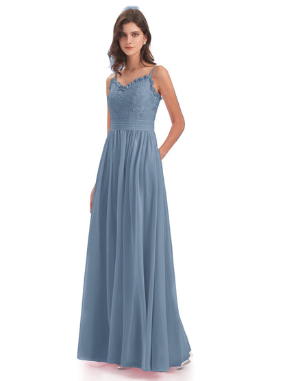Madison A-line Spaghetti Straps Lace Long Bridesmaid Dresses