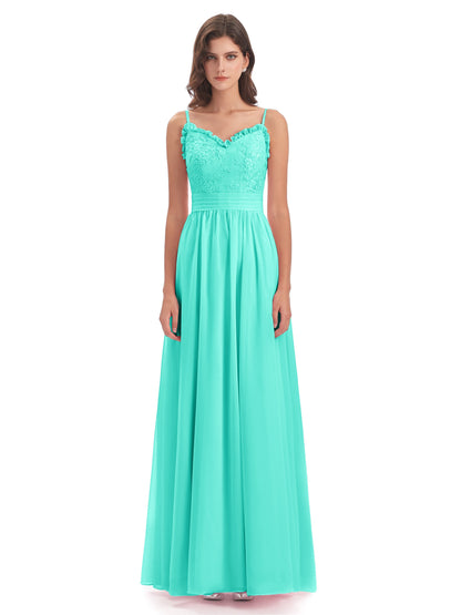 Madison A-line Spaghetti Straps Lace Long Bridesmaid Dresses