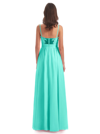 Madison A-line Spaghetti Straps Lace Long Bridesmaid Dresses