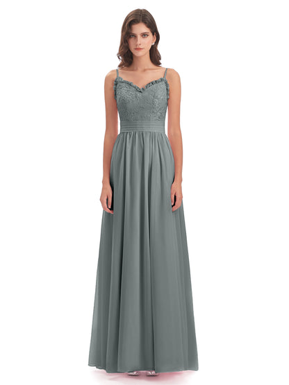 Madison A-line Spaghetti Straps Lace Long Bridesmaid Dresses